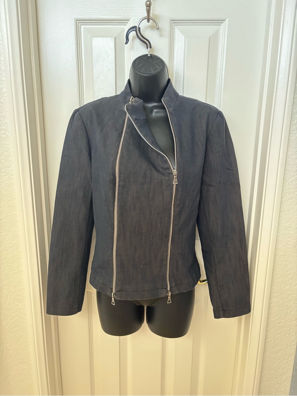 Women's Denim Asymmetric Zip Moto Jacket